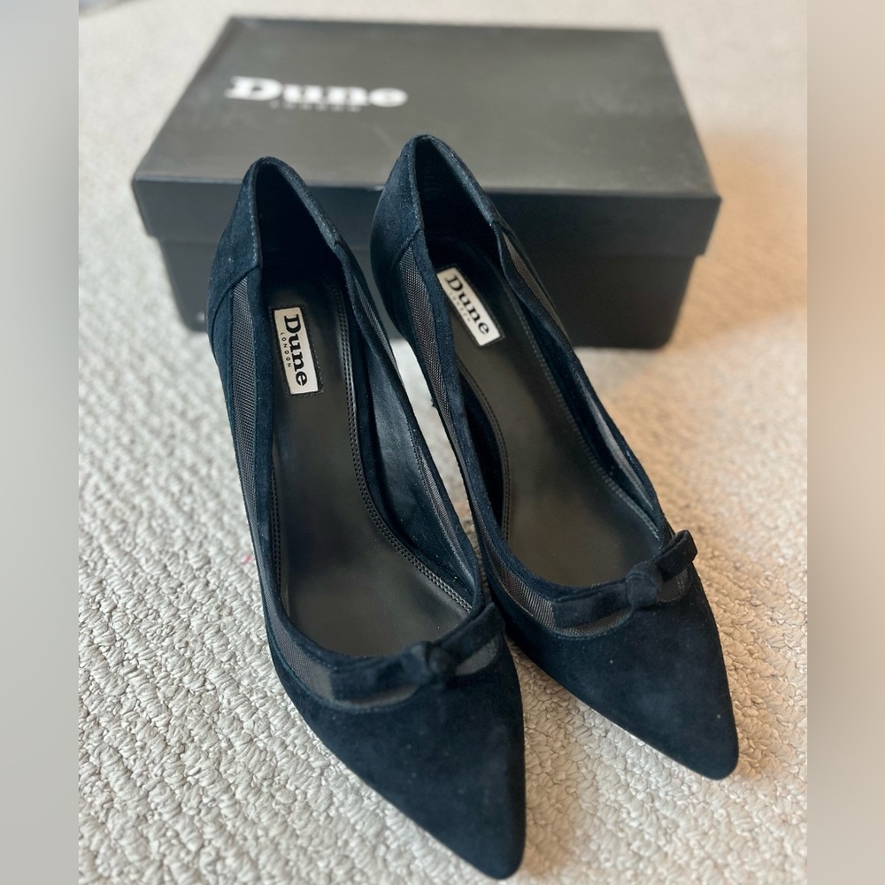 Dune London Black Suede Heels with Bow Trim